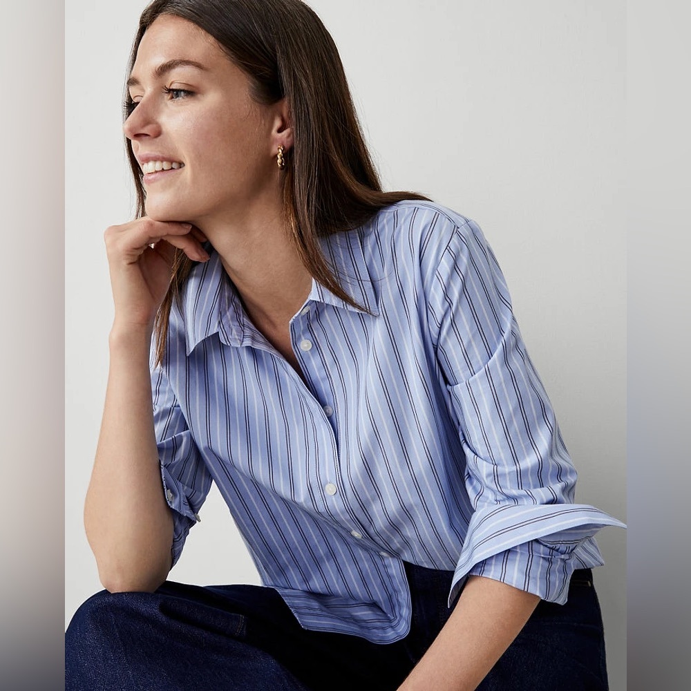 Striped Light Blue with Lavender Stripes Button-Up Blouse